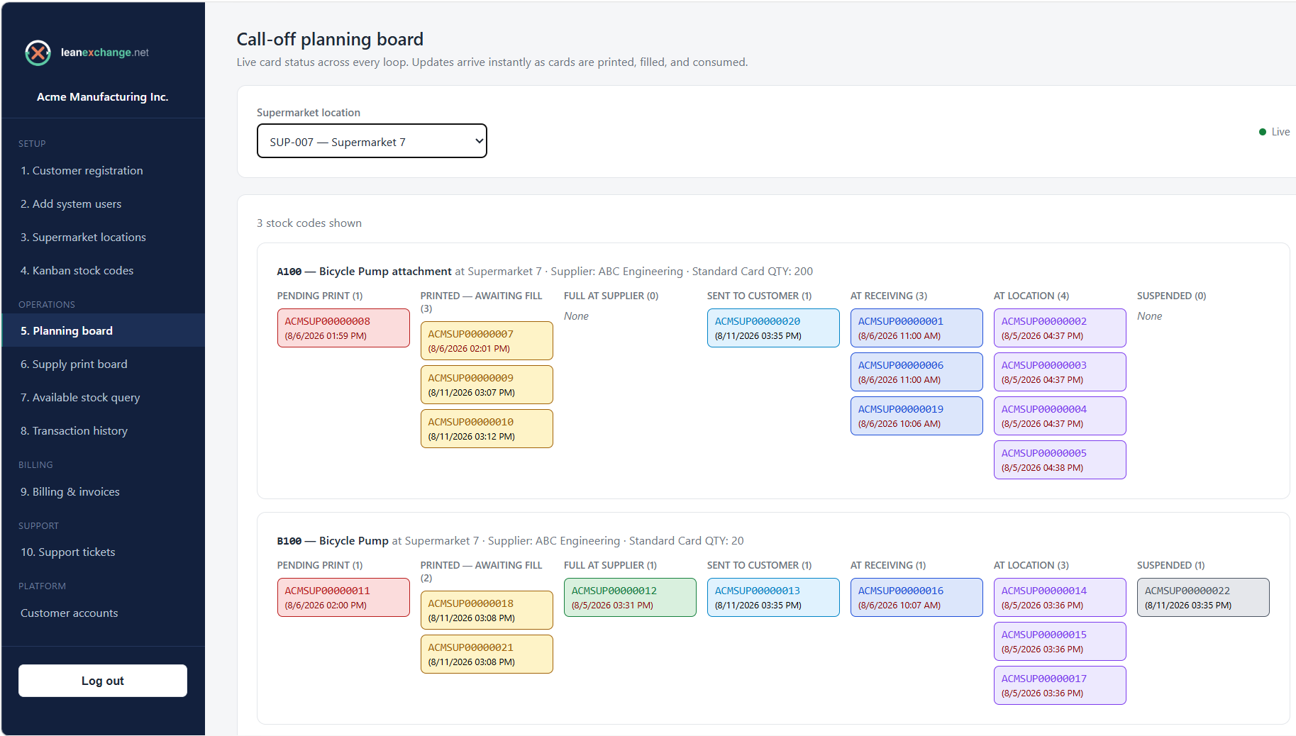LeanExchange call-off planning board showing card status columns per stock code