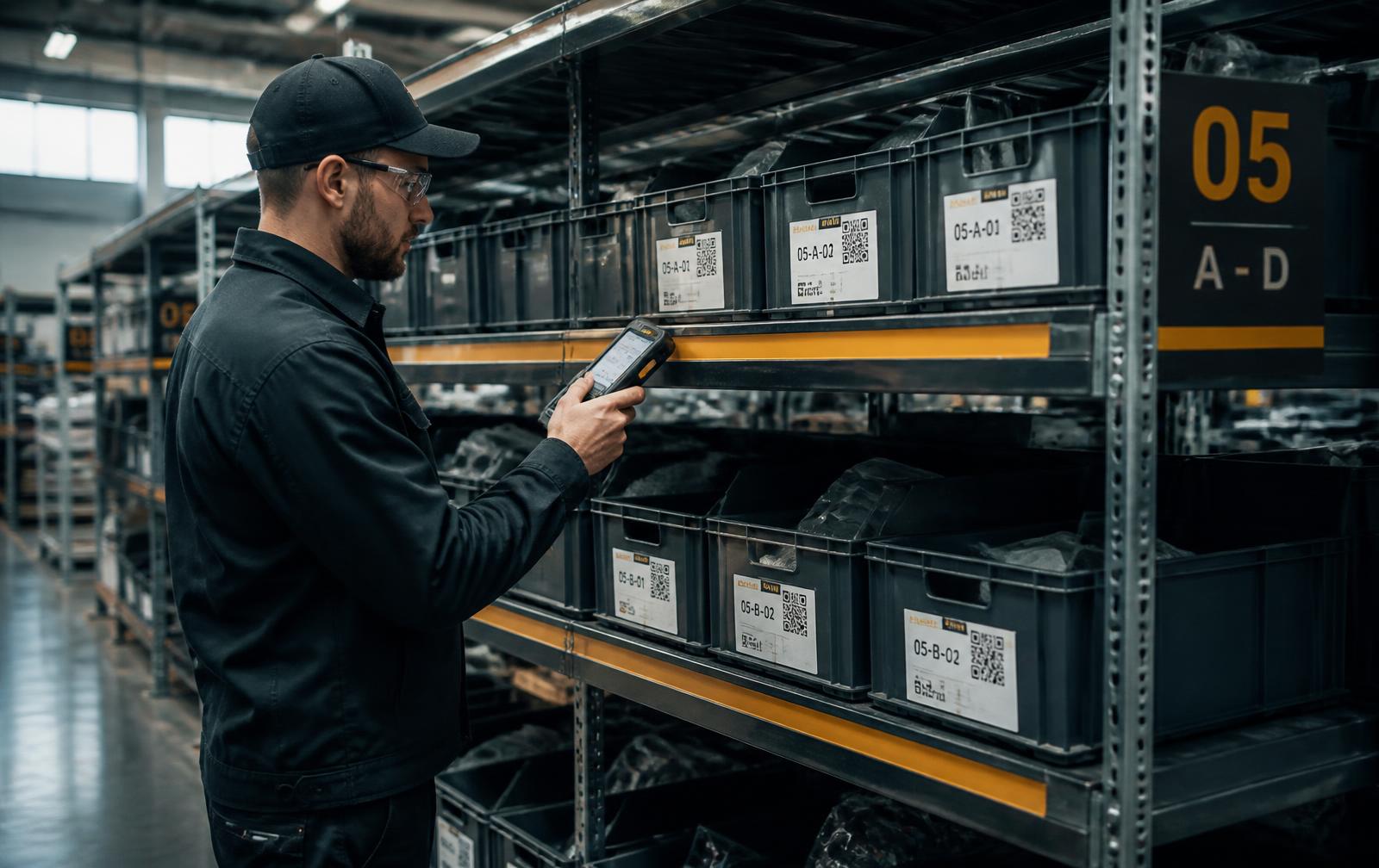 Warehouse operator scanning a QR-coded kanban card at a supermarket rack